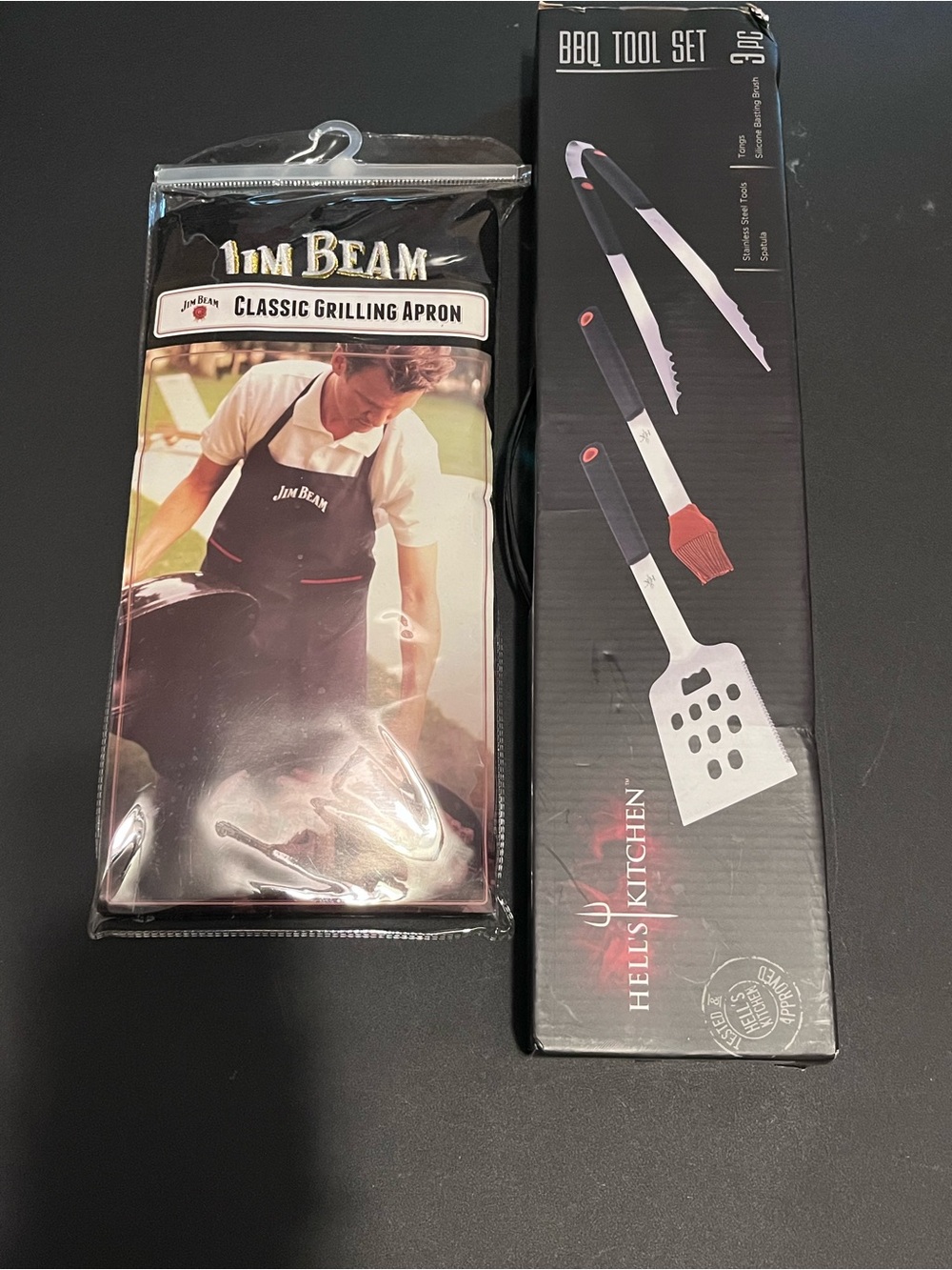 Jim Beam Classic Grilling Apron in Black and Hell’s Kitchen Tools